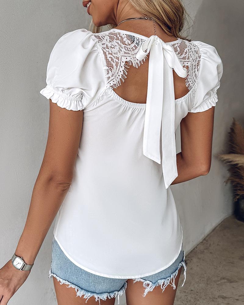 Puff Sleeve Eyelash Lace Patch Top