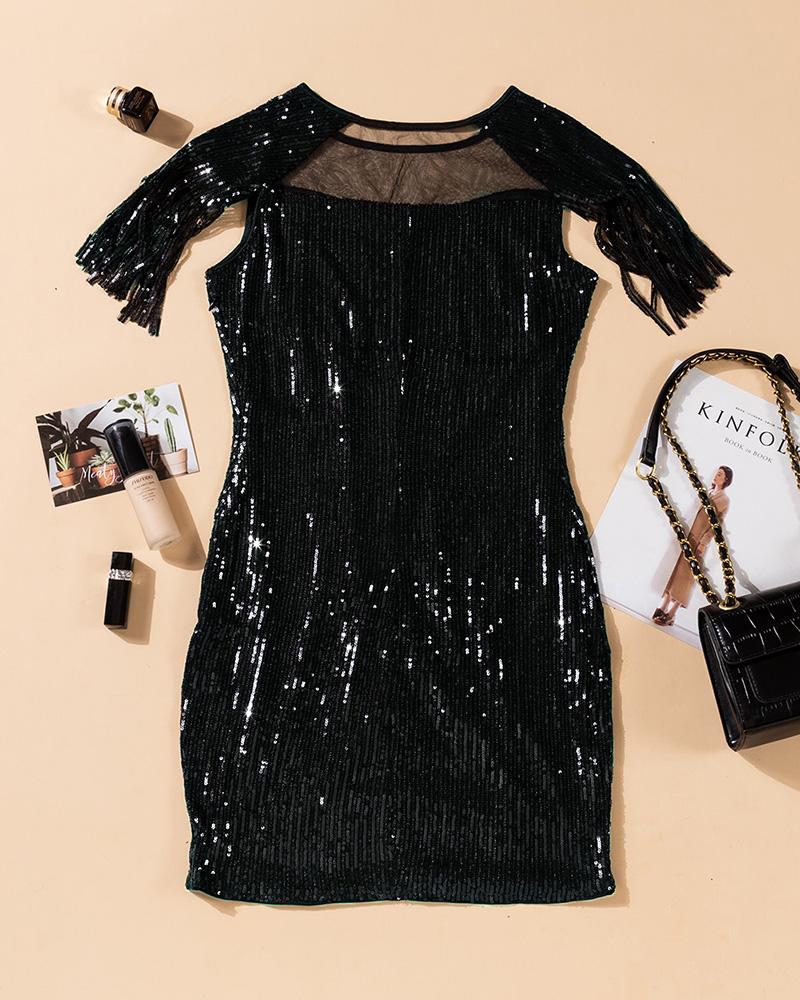 Tassel Decor Sheer Mesh Sequin Dress