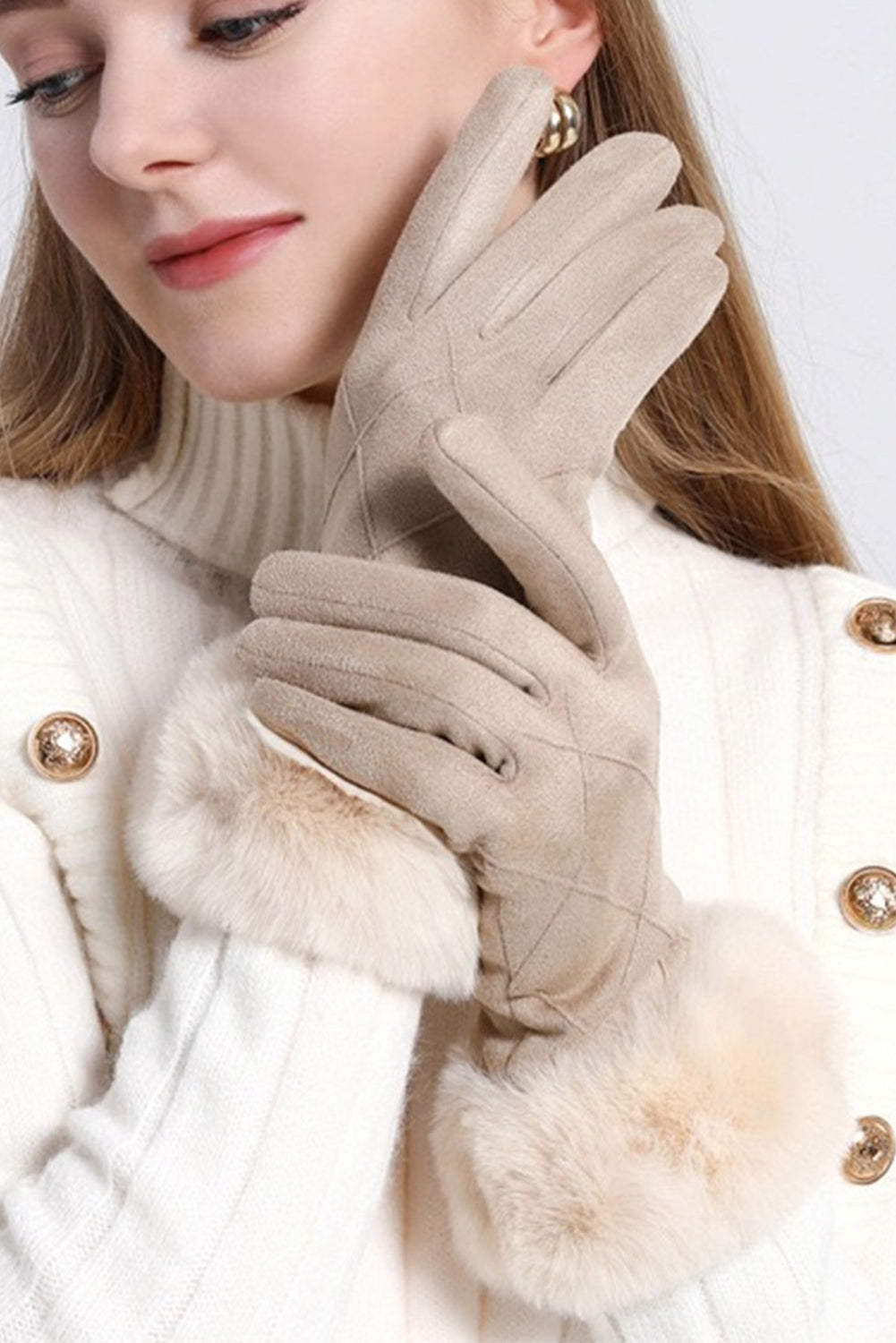 Parchment Rhombus Texture Plush Cuff Gloves