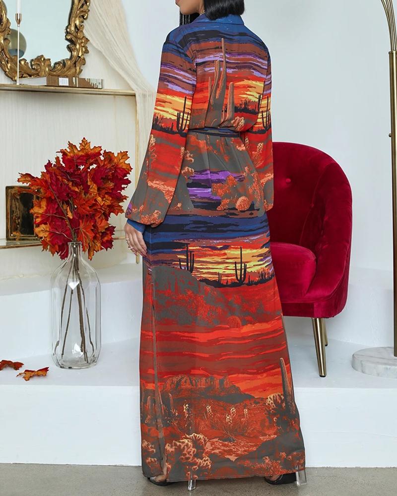 Lantern Sleeve Mixed Print Slit Longline Coat