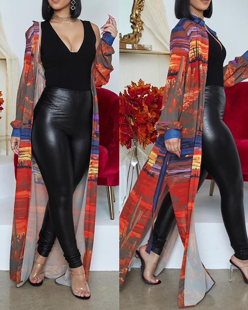 Lantern Sleeve Mixed Print Slit Longline Coat