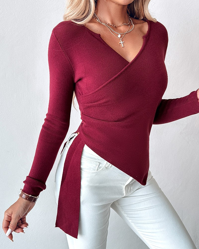 V Neck Long Sleeve Ruched Asymmetrical Hem Knit Sweater