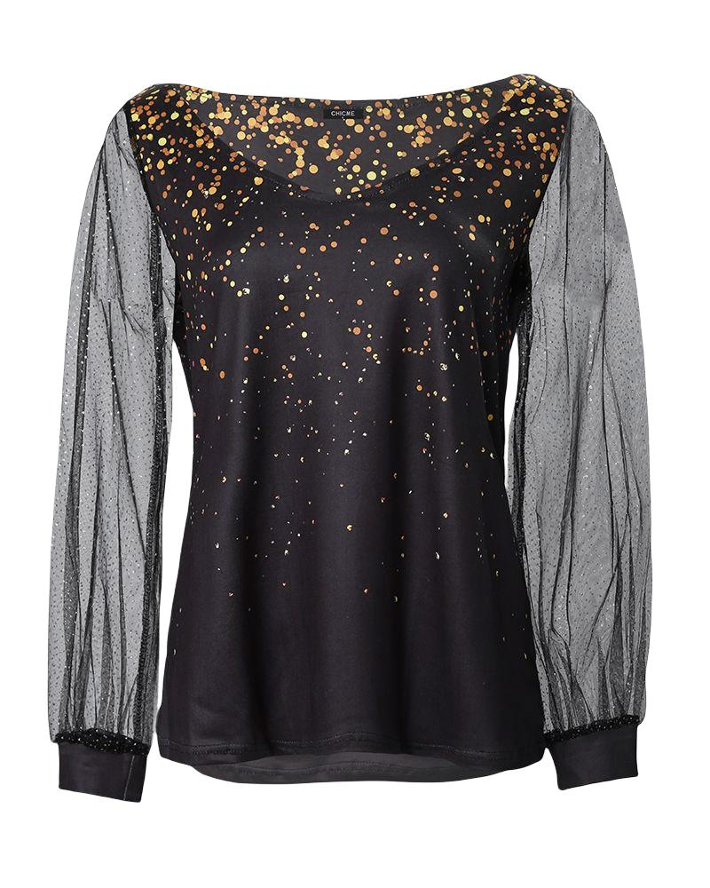 Contrast Mesh Long Sleeve Print Top