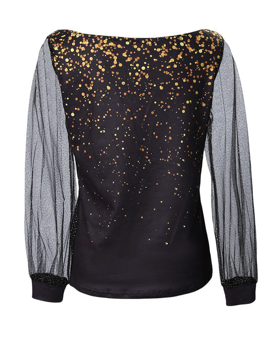 Contrast Mesh Long Sleeve Print Top