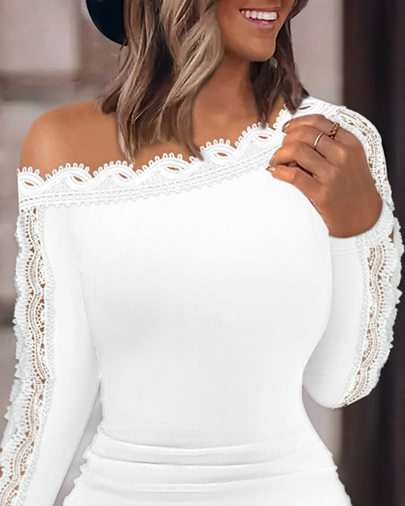 Lace Patch Skew Neck Bodycon Dress