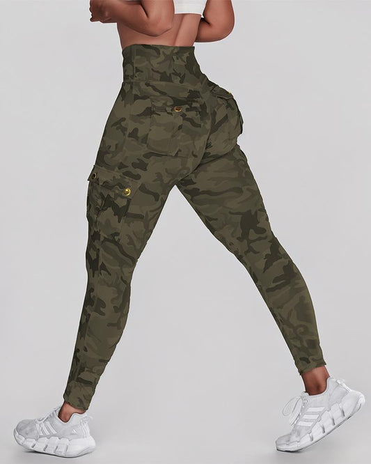 Camouflage Print High Waist Skinny Button Leggings with Pocket Casual Pants