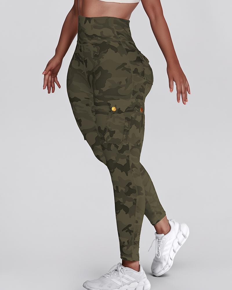 Camouflage Print High Waist Skinny Button Leggings with Pocket Casual Pants