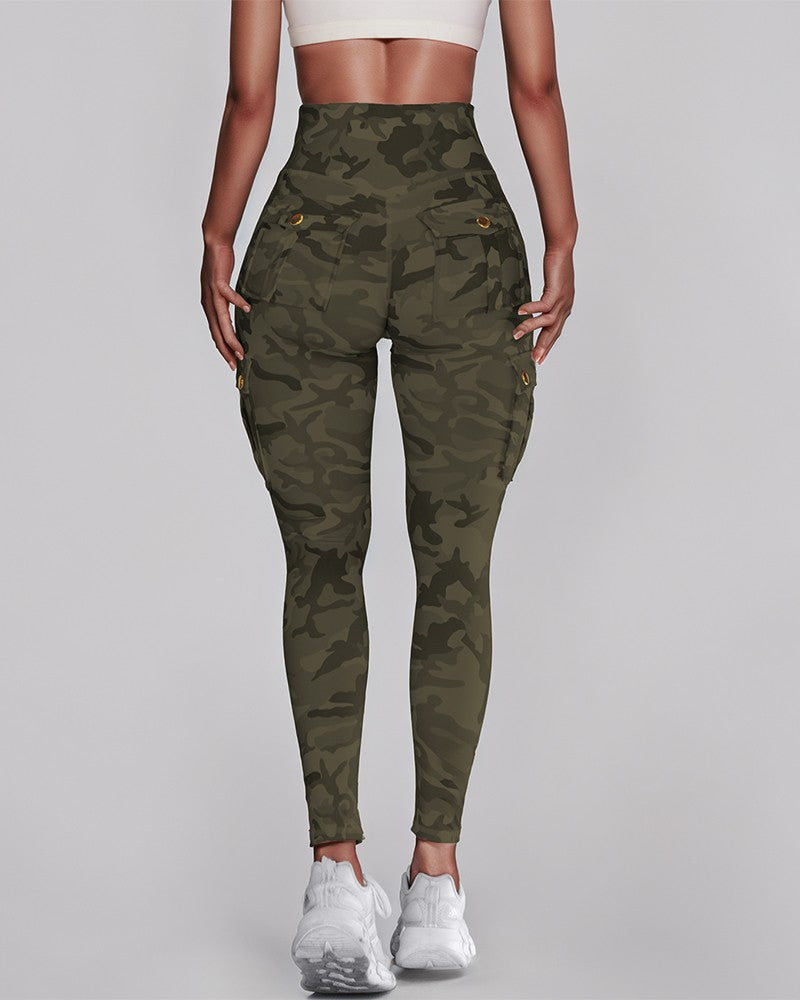 Camouflage Print High Waist Skinny Button Leggings with Pocket Casual Pants