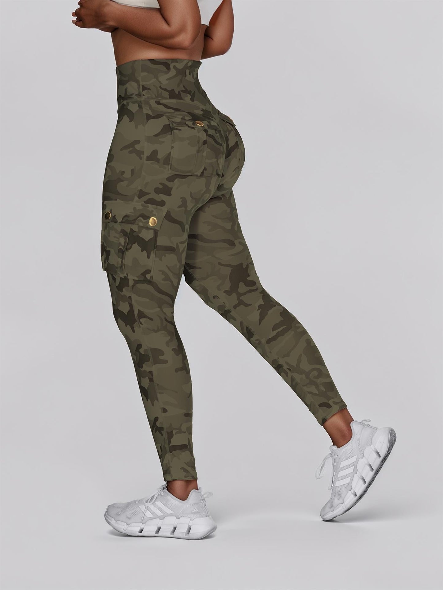 Camouflage Print High Waist Skinny Button Leggings with Pocket Casual Pants