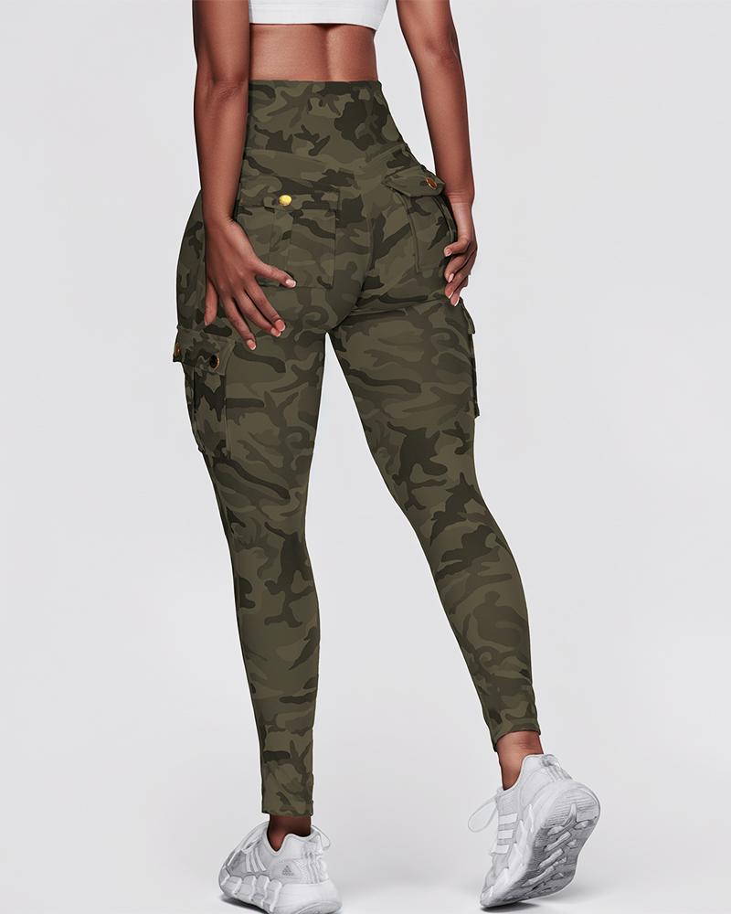 Camouflage Print High Waist Skinny Button Leggings with Pocket Casual Pants