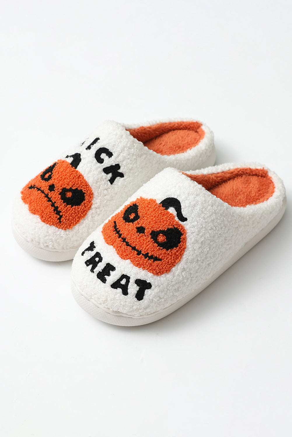 White Halloween Pumpkin Trick Or Treat Plush Slippers