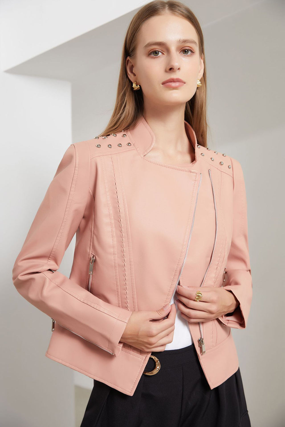 Gossamer Pink Faux Leather Studded Shoulder Asymmetric Zip Jacket