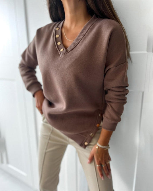 V Neck Long Sleeve Pullover Sweatshirt Button Decor Side Slit Top