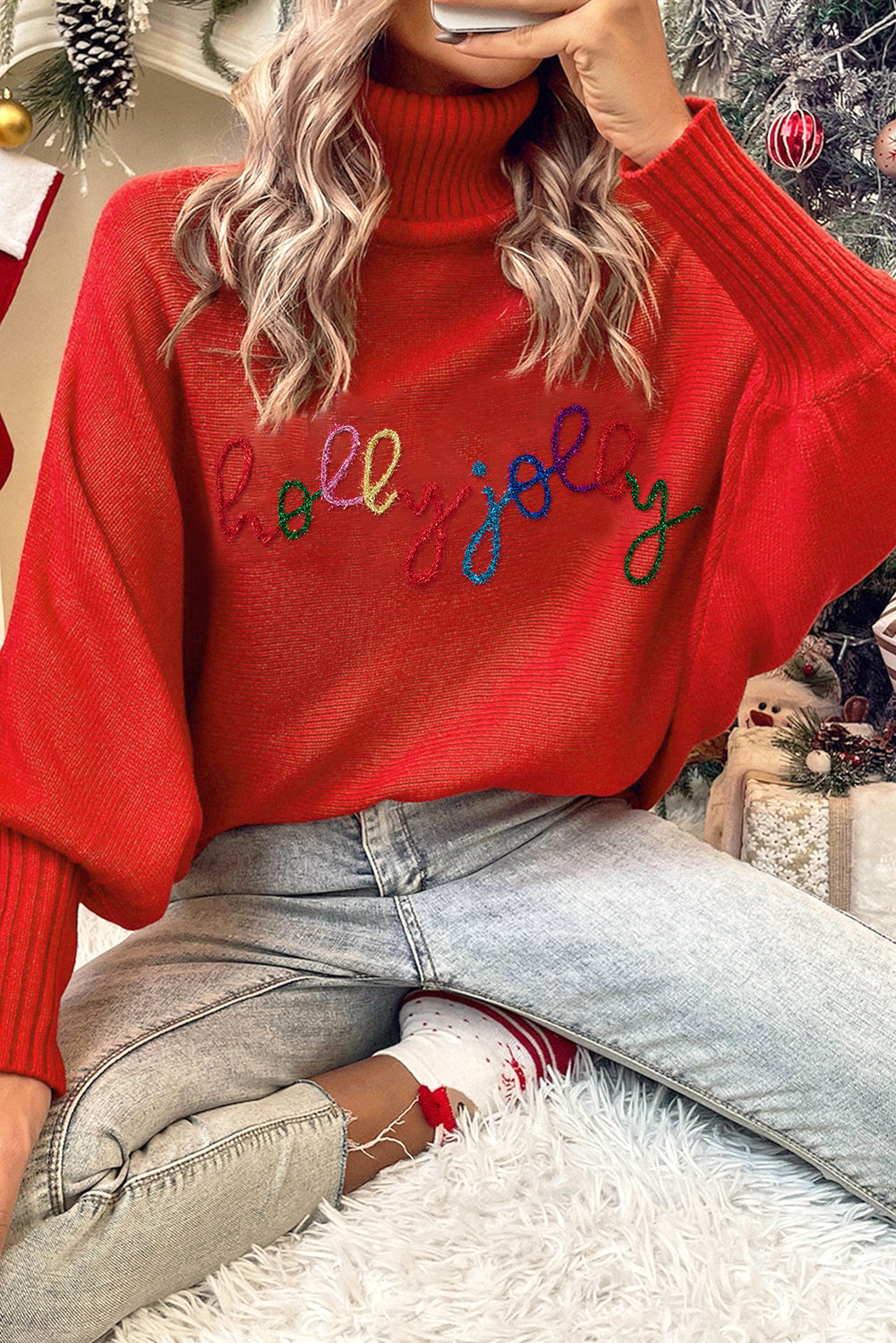 Racing Red Merry Graphic Sequin Sleeve Turtleneck Sweater