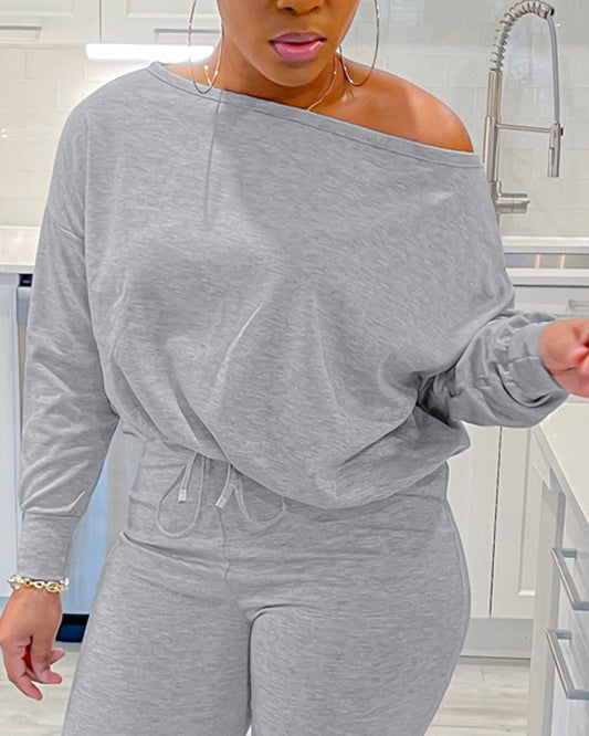 Plus Size Skew Neck Top & Drawstring Pants Set