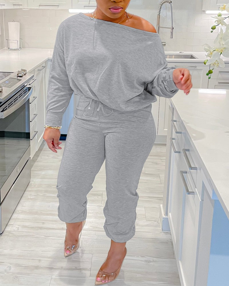 Plus Size Skew Neck Top & Drawstring Pants Set