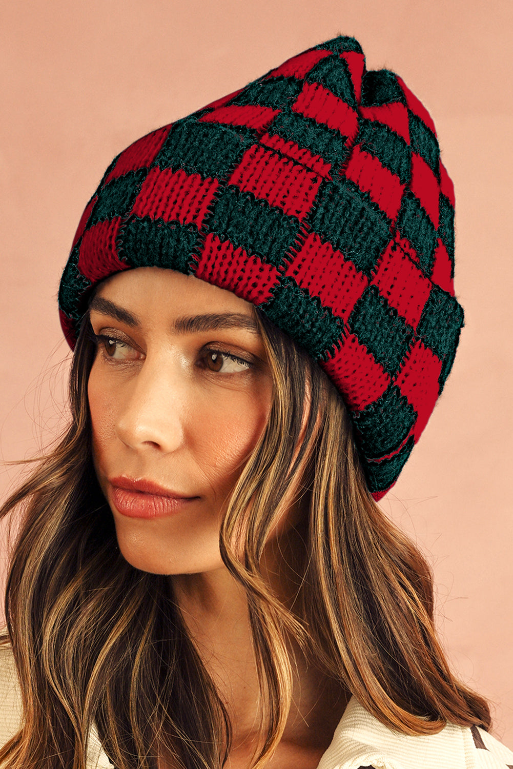 Racing Red Two Tone Checkered Folded Eaveless Beanie Cap