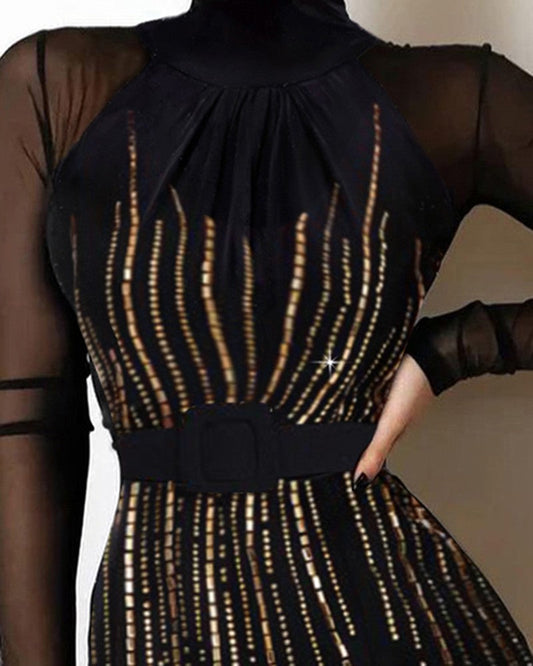 Rhinestone Decor Sheer Mesh Patch Bodycon Dress