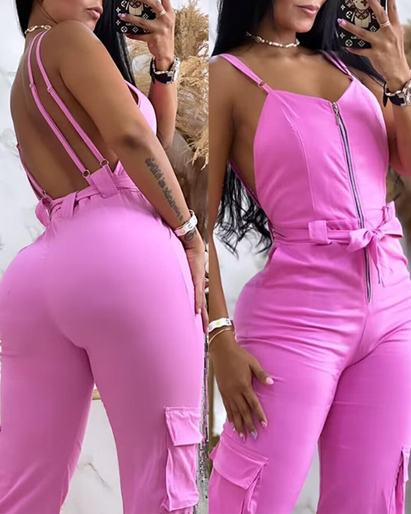 Zipper Pocket Design Backless Cuffed Jumpsuit