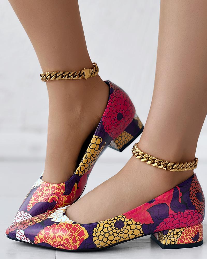 Floral Print Point Toe Chunky Heel Pumps