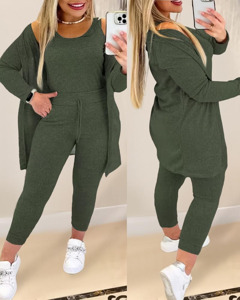 Plus Size Round Neck Tank Top & Drawstring Pants Set With Coat