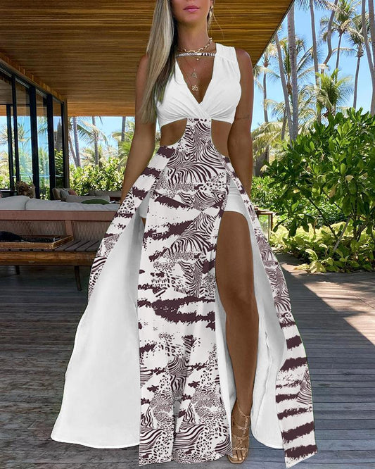 Zebra Stripe Tie Dye Print Cutout High Slit Maxi Dress