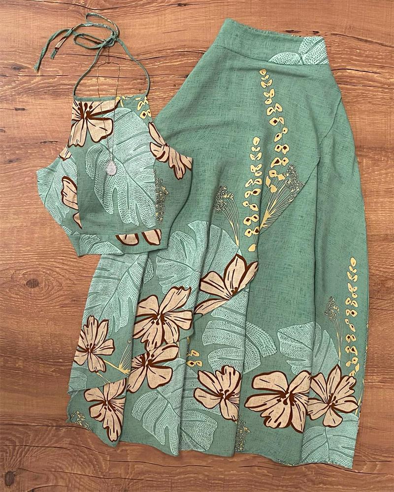 Palm Leaf Floral Print Backless Top & Pleated Skirt Set