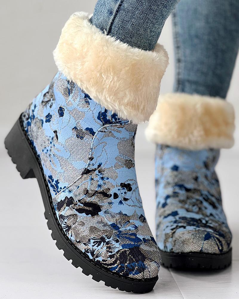 Floral Print Fuzzy Lined Ankle Boots