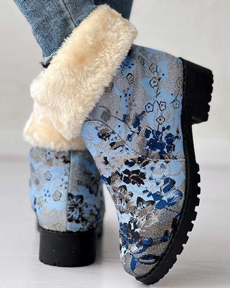 Floral Print Fuzzy Lined Ankle Boots