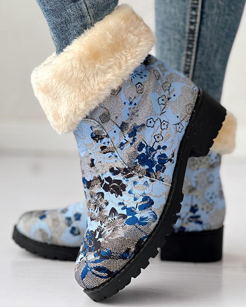 Floral Print Fuzzy Lined Ankle Boots