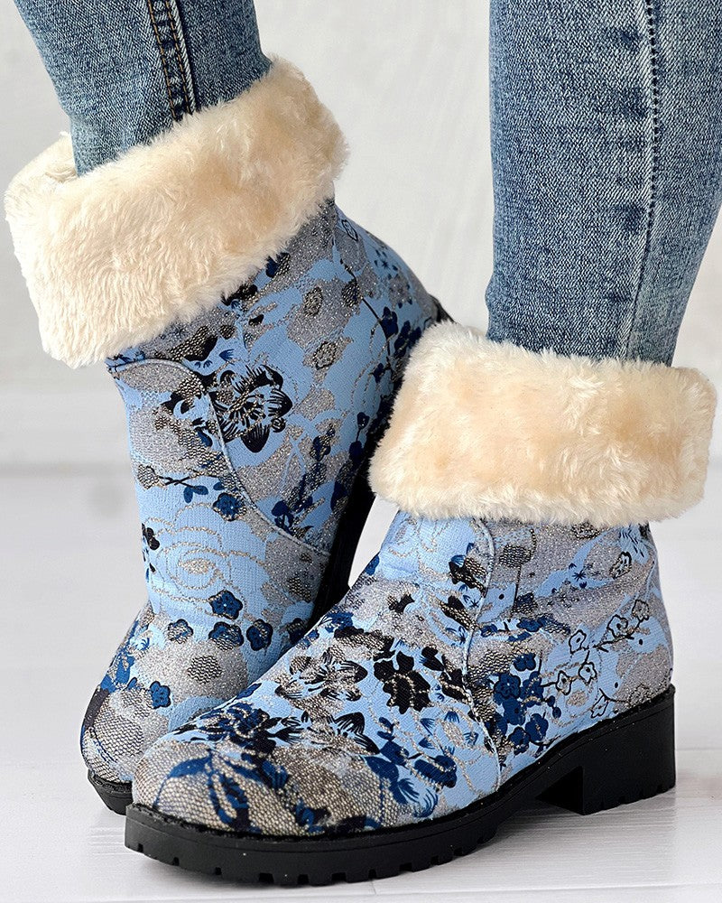 Floral Print Fuzzy Lined Ankle Boots