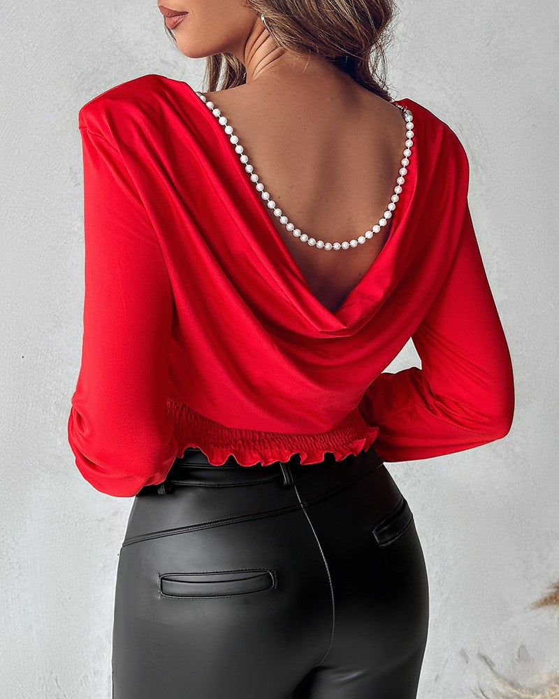 Pearls Strap Backless Shirred Top