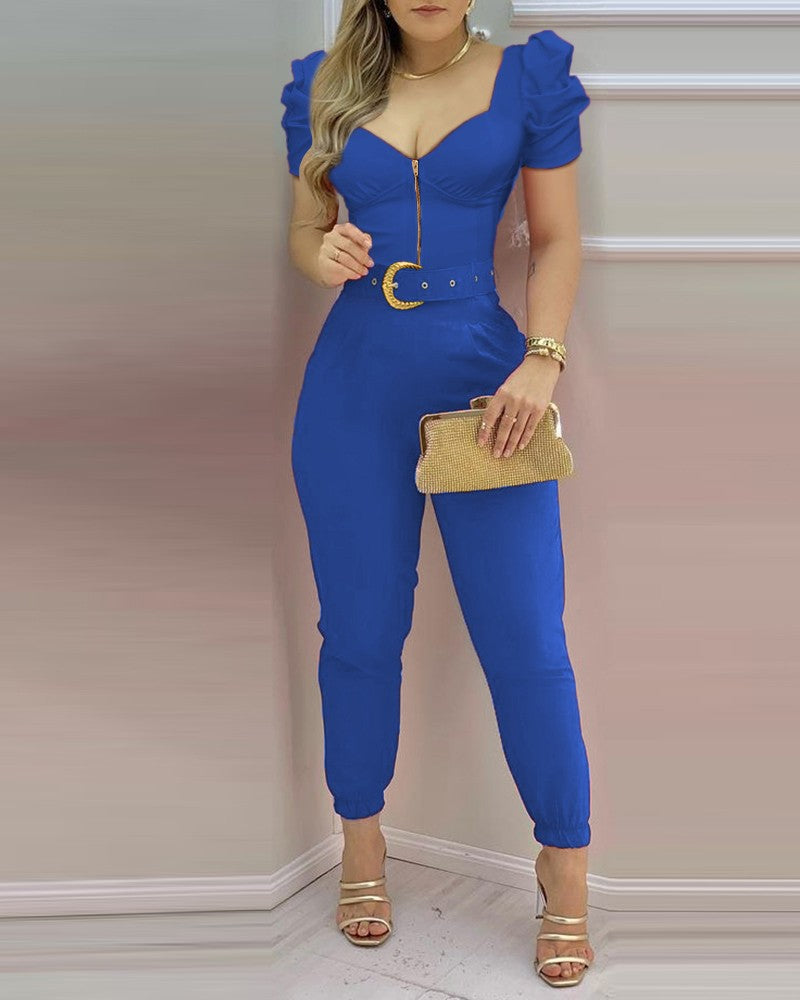 Zip Front Puff Sleeve Jumpsuit With Belt