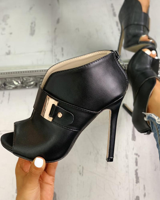 PU Peep Toe Buckled Thin Heels