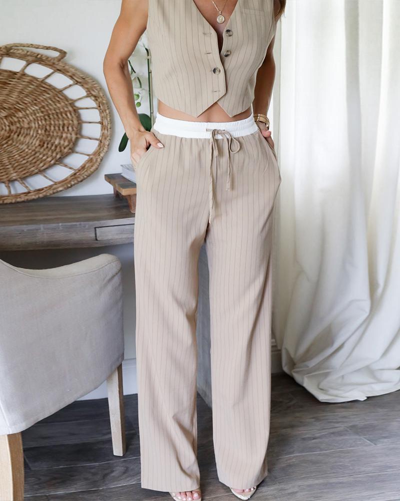 2 Piece Stripped V Neck Crop Sleeveless Button Front Vest Casual Wide Leg Pants with Pockets Outfit Set