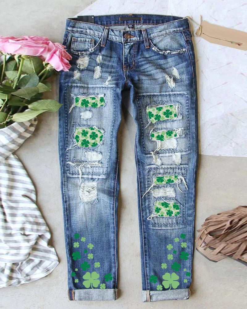 St. Patrick's Day Lucky Shamrock Print Patchwork Ripped Jeans