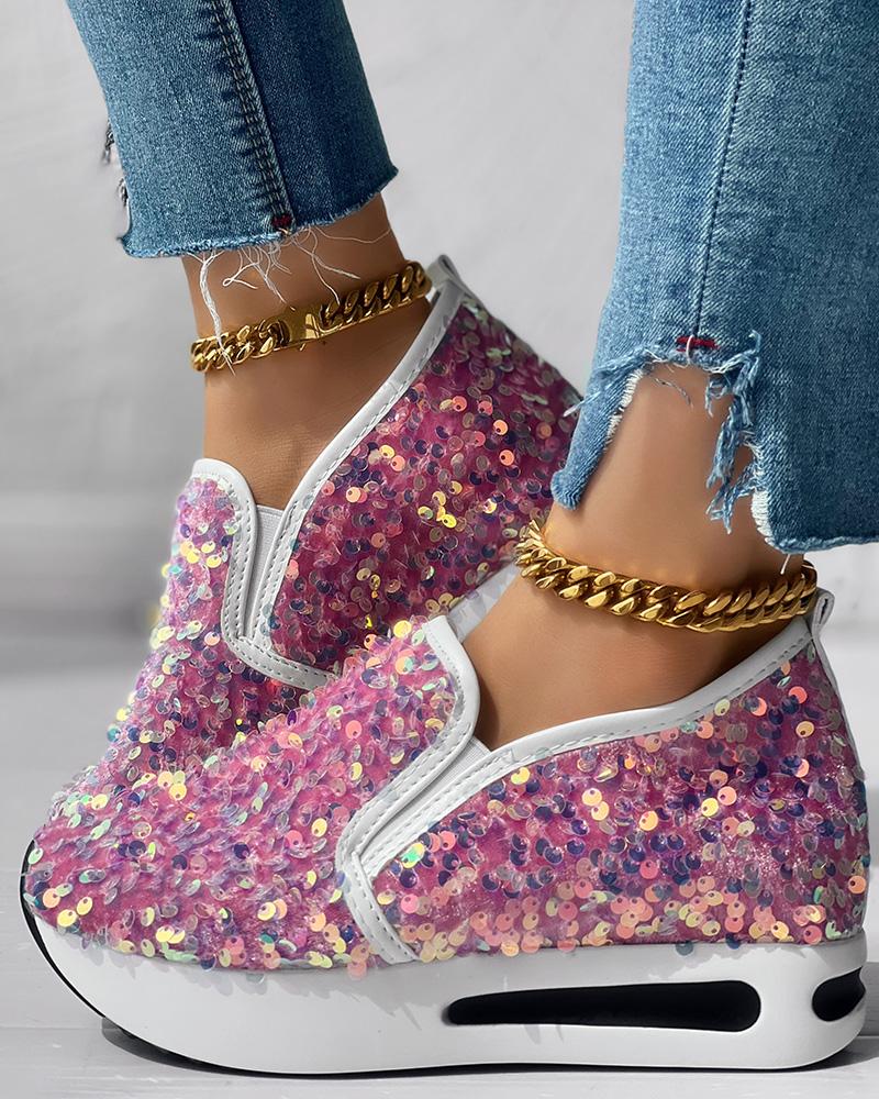 Allover Sequin Platform Slip On Muffin Sneakers