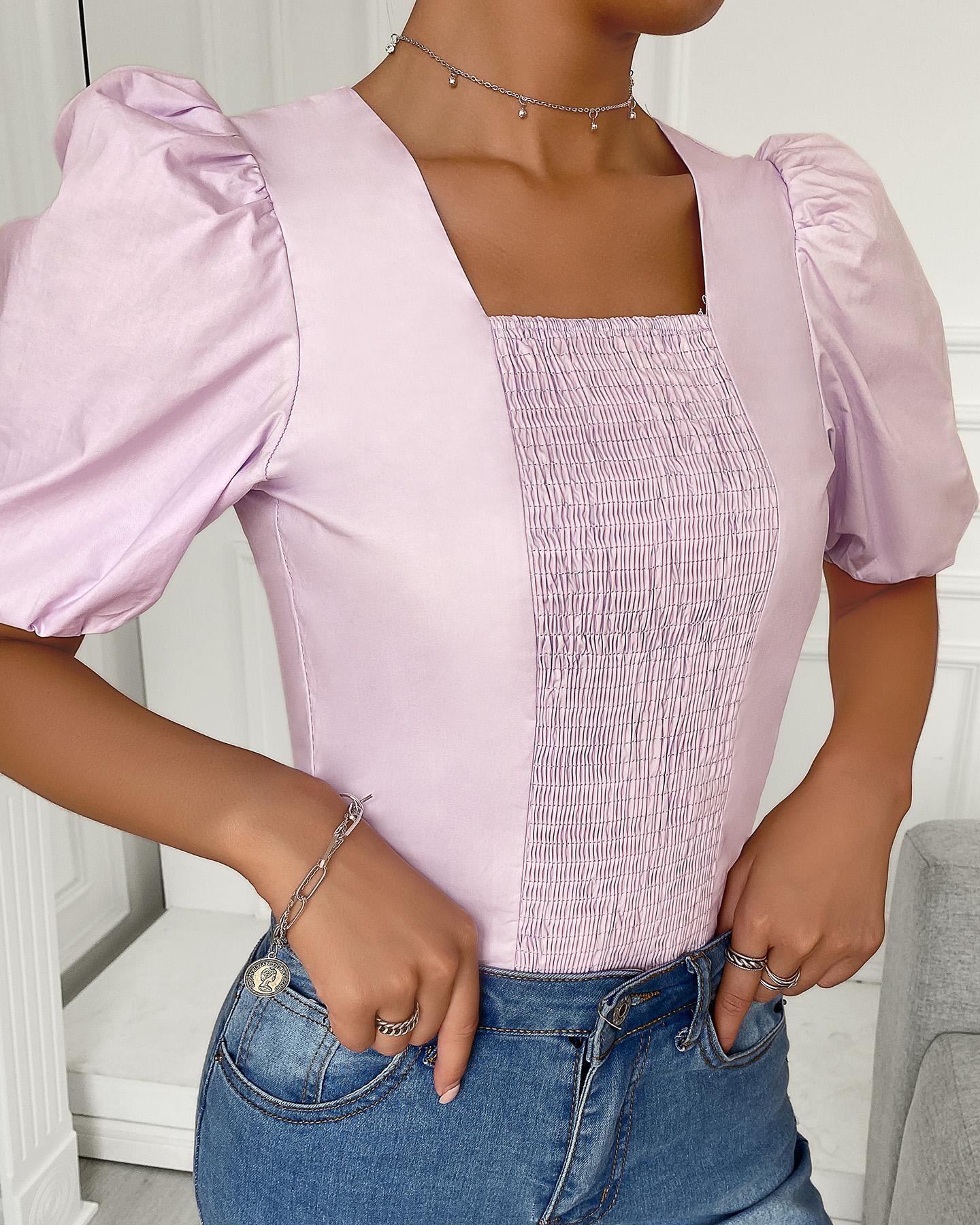 Puff Sleeve Shirring Detail Zipper Design Top