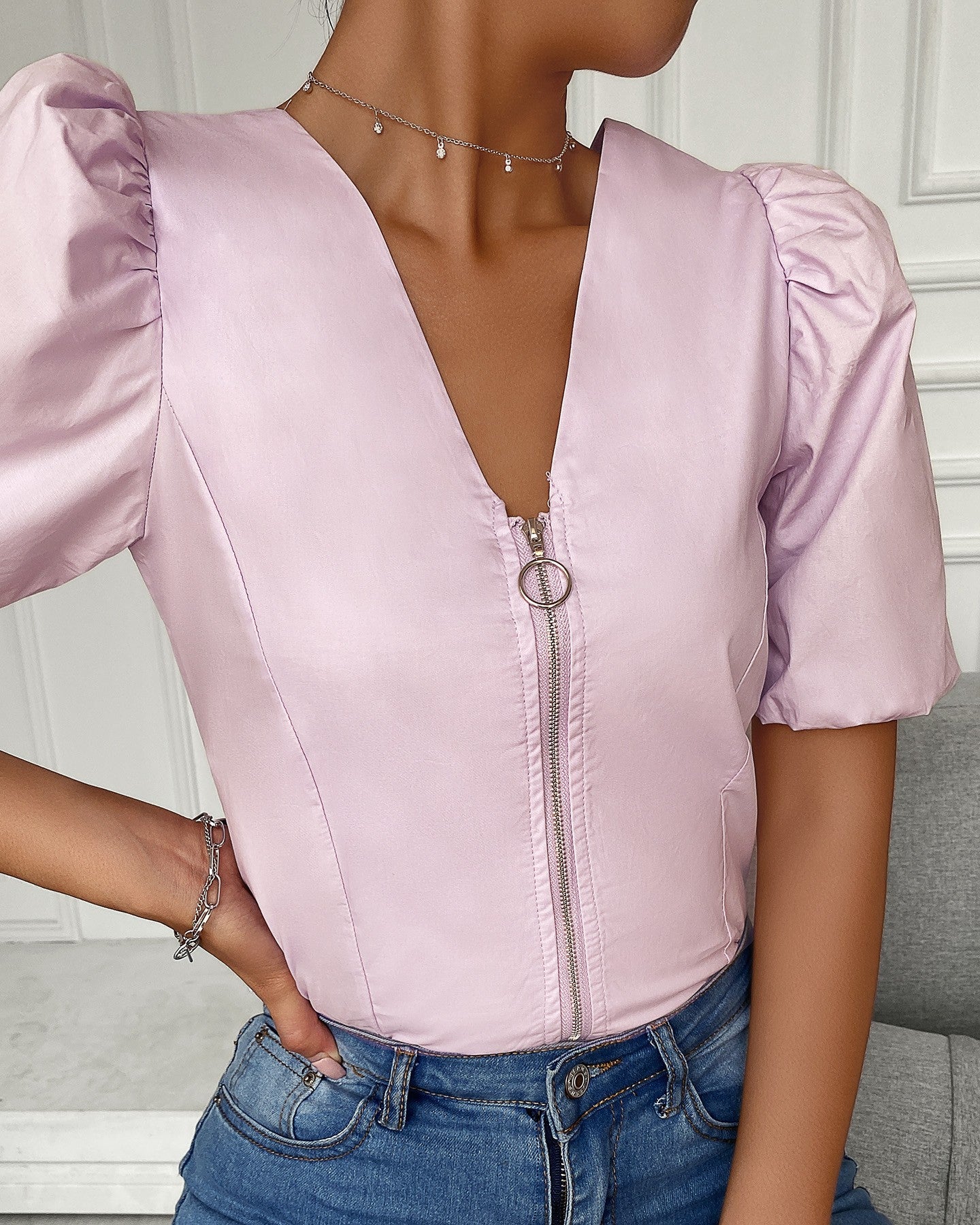 Puff Sleeve Shirring Detail Zipper Design Top