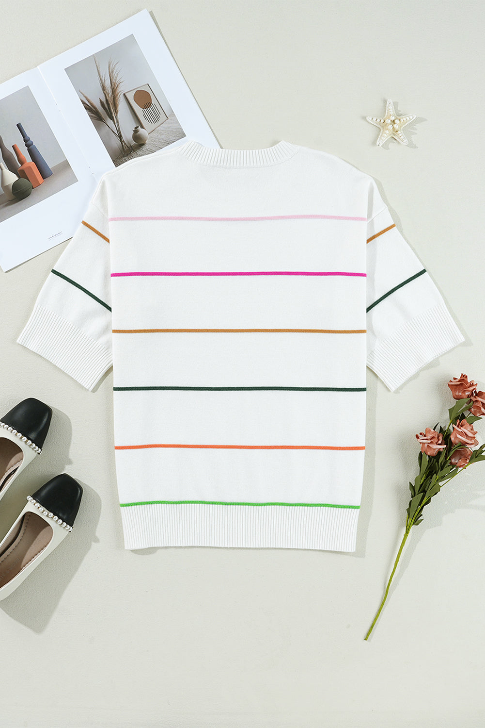 White Colorblock Striped Half Sleeve Drop Shoulder Sweater