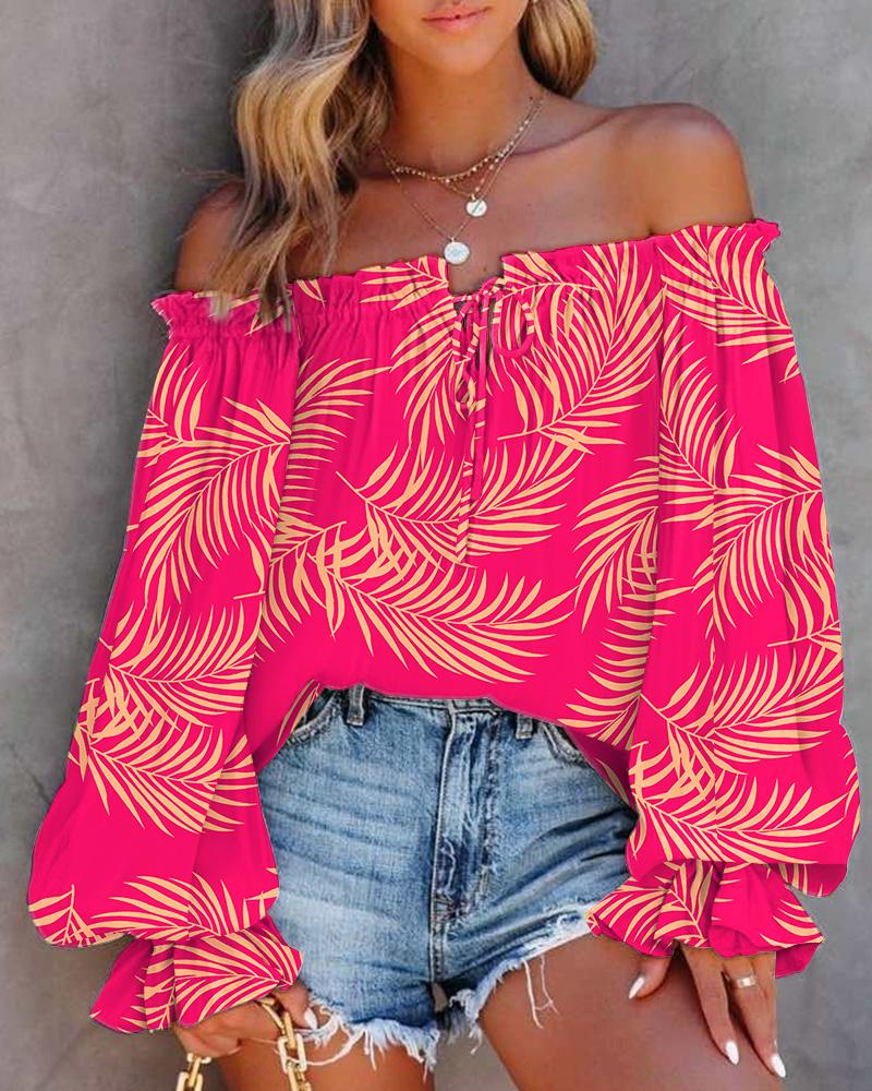 Leaf Print Off Shoulder Lantern Sleeve Top