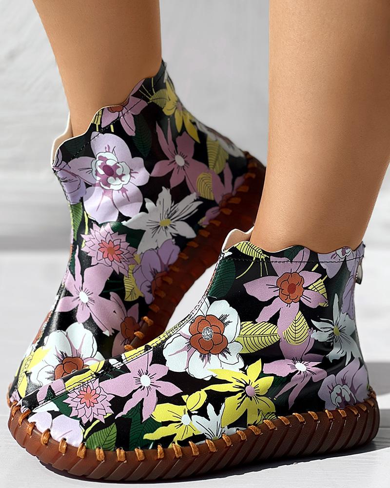 Floral Print Platform Ankle Boots