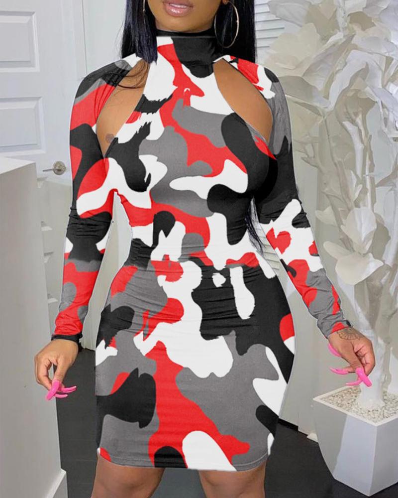 Camouflage Print Cutout Long Sleeve Bodycon Dress