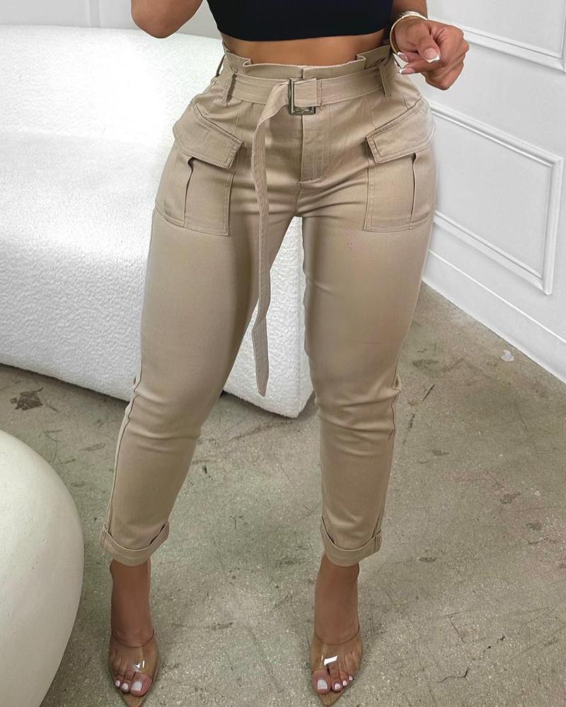 High Waist Pocket Design Cargo Pants With Belt