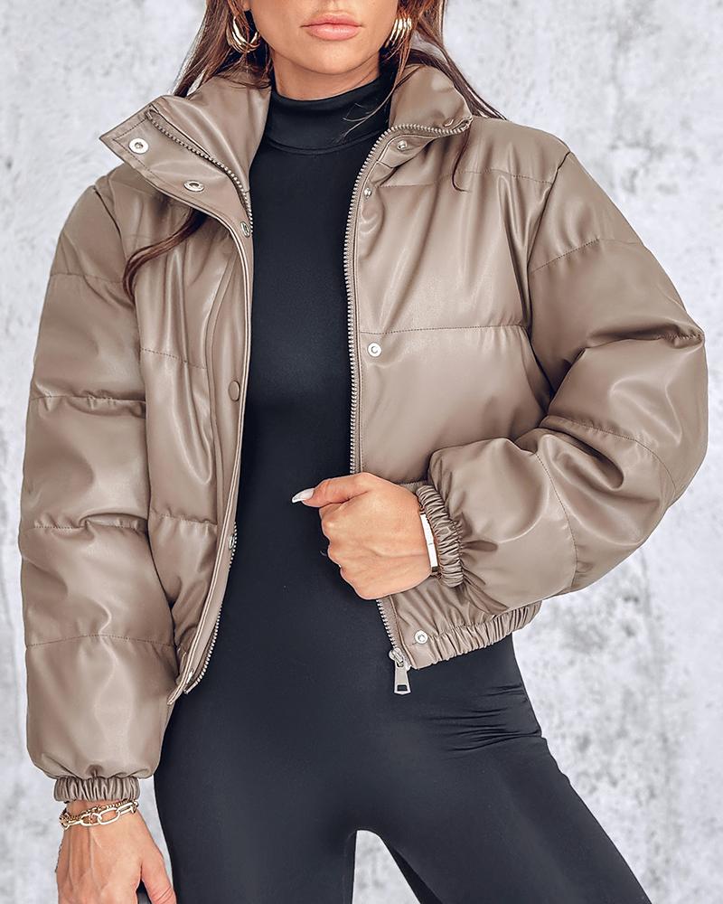 PU Leather Stand Collar Snap Button Zip Up Quilted Puffer Coat