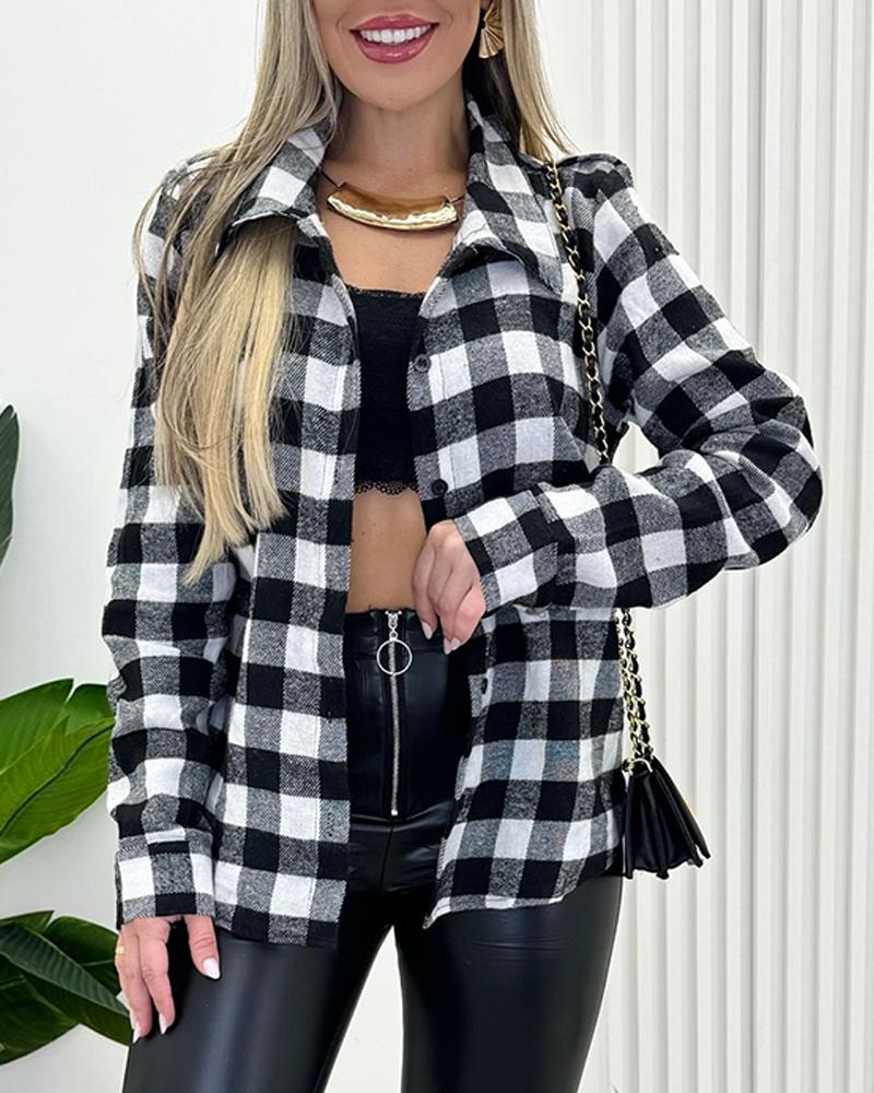 Plaid Pattern Button Down Shirts Long Sleeve Shackets Casual Blouse Top