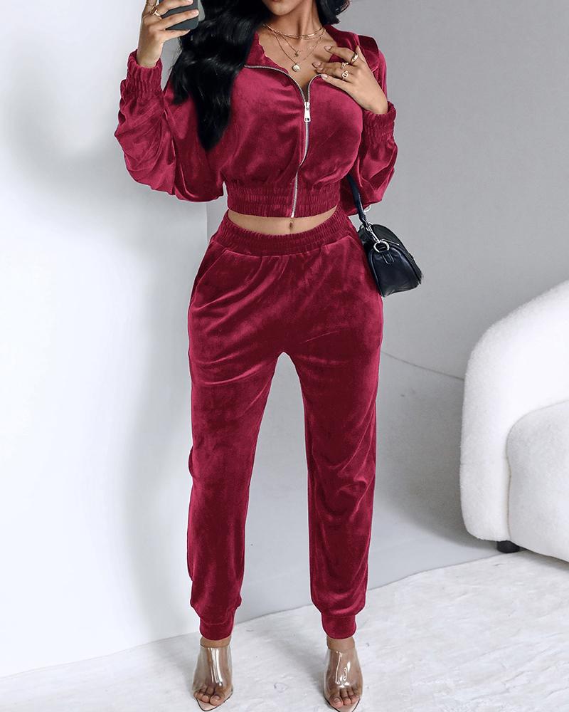 Stand Collar Zipper Design Velvet Coat &Cuffed Pants Tracksuit Set