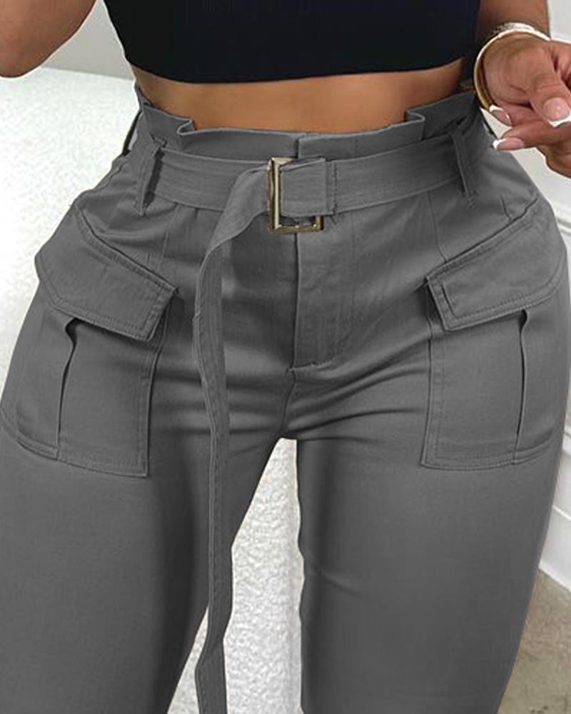 Pocket Design Paperbag Waist Cargo Pants With Belt