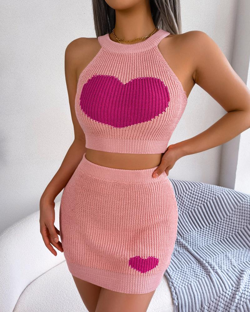 Heart Pattern Tank Top & High Waist Skirt Set