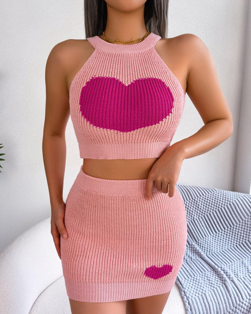 Heart Pattern Tank Top & High Waist Skirt Set